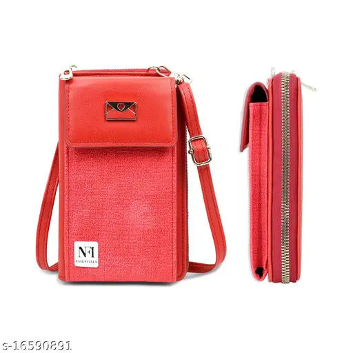 A red clutch handbag with a wallet in its front pocket
