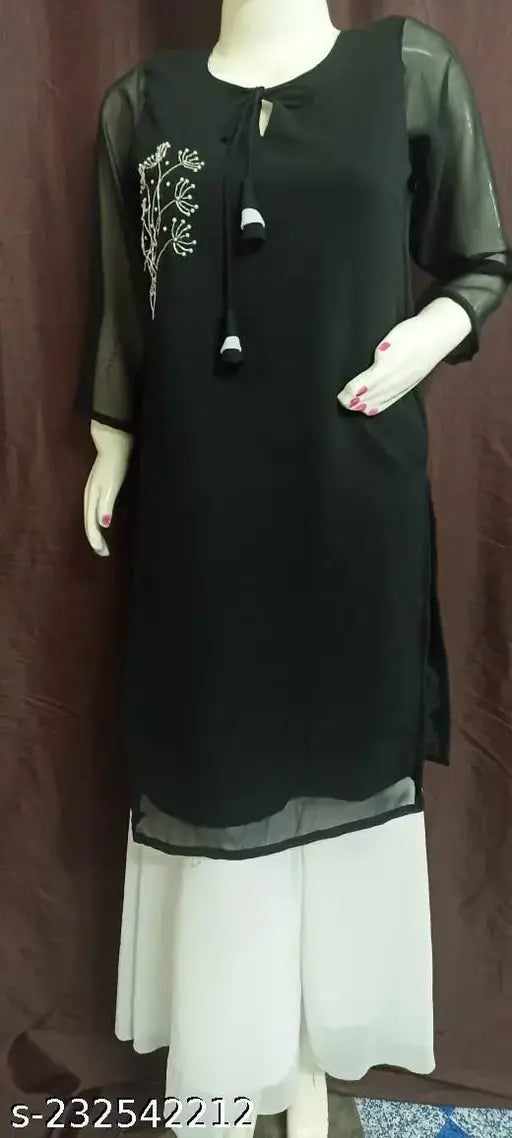 Solid Georgette Sarara kurti set with Palazzos, three-quarter sleeves, available in sizes S, M, L, XL. Hand-embroidered Indian fashion