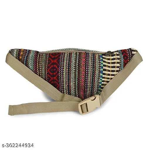 Multi-colored bohemian waist bag with fringe details, designed for hands-free travel and festival use