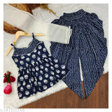 Blue kids' cotton kurti, dhoti, dupatta set - contemporary style with ruffle detail, color-block print, and elasticated waist. Perfect for summer outfits, parties, beachwear, or casual wear. Designed by Indian brand Nivudi