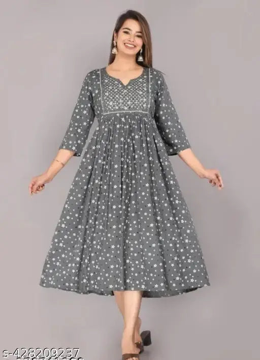 Grey rayon printed gown for girls and women, three-quarter sleeves - stylish Indian fashion