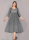 Grey rayon printed gown for girls and women, three-quarter sleeves - stylish Indian fashion
