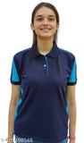 Navy Blue Ferozi Collar Cotton Blend T-Shirt for Women & Girls, colorblocked design on short sleeves, perfect for summer casual wear