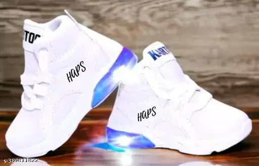 White sneakers with blue neon lights, casual shoes for kids