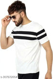 Striped polyester men's round neck white t-shirt, stylish short sleeve and casual tee for men, made in India