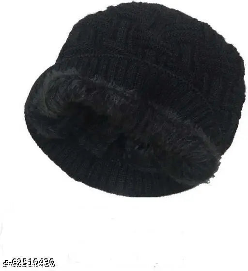 Black wool checked beanie cap, stylish unisex winter accessory from India