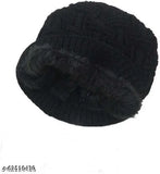Black wool checked beanie cap, stylish unisex winter accessory from India