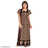 Cotton printed net nightgown for women, ankle length with short sleeves, available in L, XL, XXL, and free size