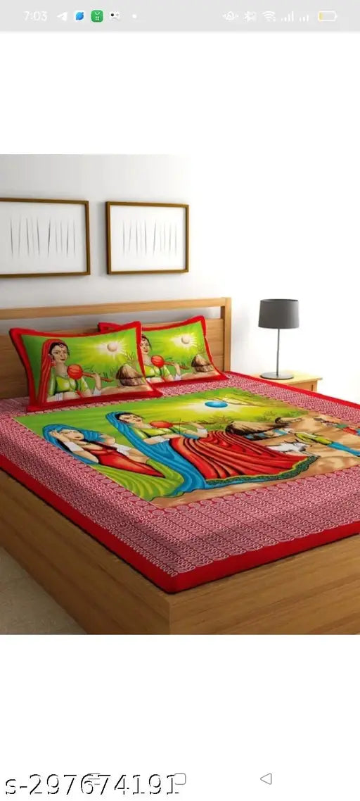 Sun Red cotton flat sheets, Rajasthani patterned, double queen size, regular quality from Raj Devi Jaipur, ideal for summer use