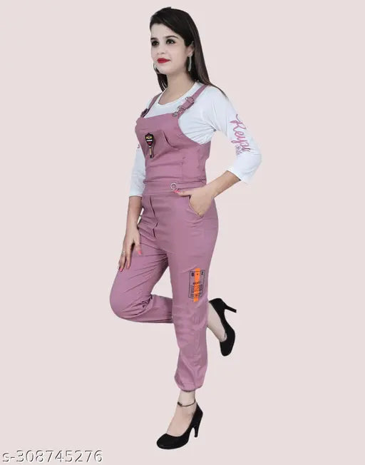Women's cotton blend printed net dungarees with three-quarter sleeves, free inner jumpsuit. Colors: Solid shades. India origin