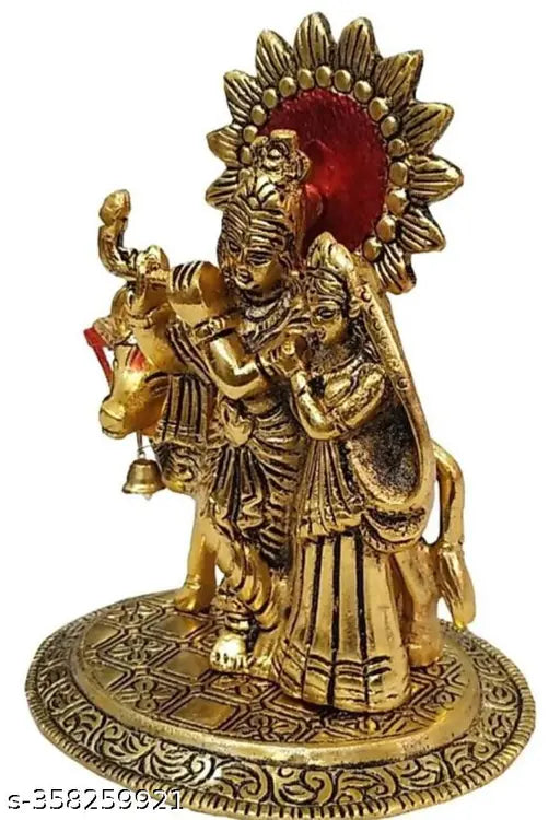 Metal Radha Krishna standing figure with cow, traditional Indian Krishna idol