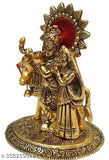Metal Radha Krishna standing figure with cow, traditional Indian Krishna idol