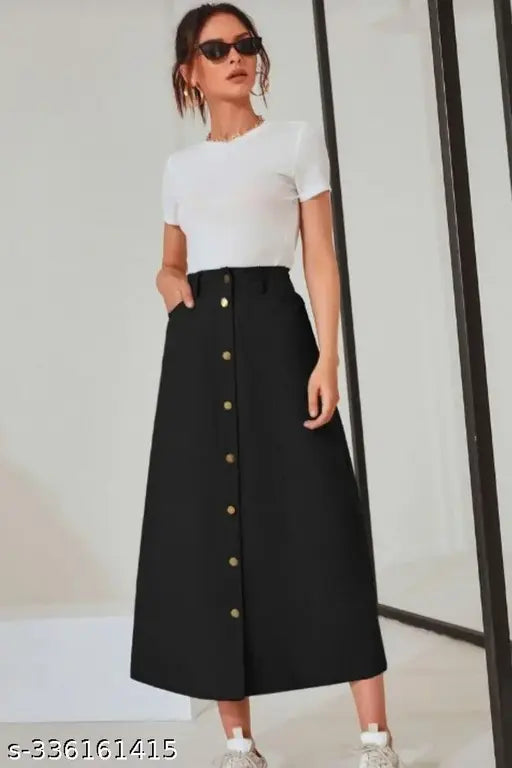 Dark blue denim skirt with a high waist, featuring button details