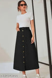 Dark blue denim skirt with a high waist, featuring button details