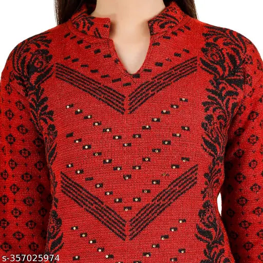Red patterned woolen V-neck kurta, long sleeves