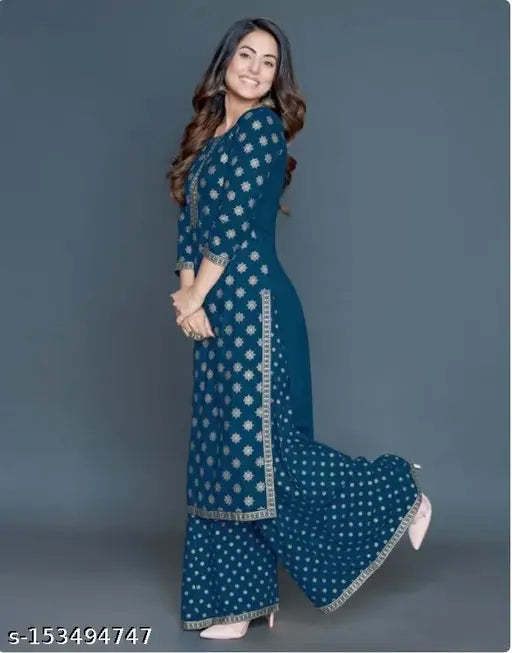 Rayon Heena Khan Kurta set with palazzo bottoms, three-quarter sleeves, printed net design, women's clothing from India