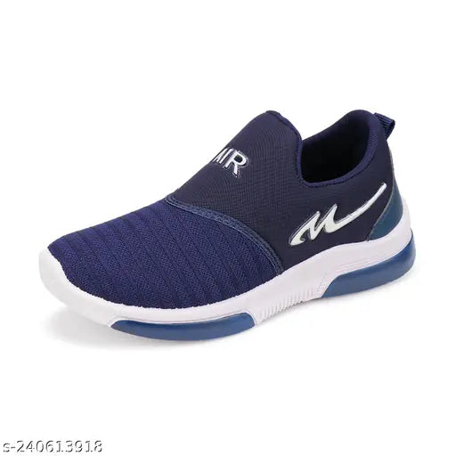 The image shows a pair of navy blue sports shoes with white soles and laces. These sneakers appear to be casual and suitable for children or women, possibly designed for running. They have a comfortable-looking fit, and each shoe has a prominent logo on the side