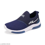 The image shows a pair of navy blue sports shoes with white soles and laces. These sneakers appear to be casual and suitable for children or women, possibly designed for running. They have a comfortable-looking fit, and each shoe has a prominent logo on the side