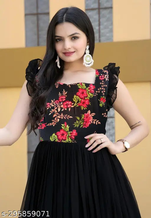 Womens black georgette printed anarkali kameez, short sleeves, embroidered borders