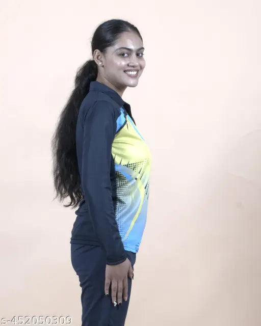 Yellow printed microfiber full sleeve cricket t-shirt for women, Indian sports fashion