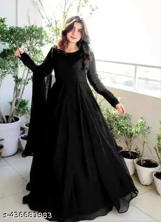Black Georgette Morpeach Anarkali Gown Set with Rayon Dupatta, latest fashion design for women's wedding and party wear" (108 characters)