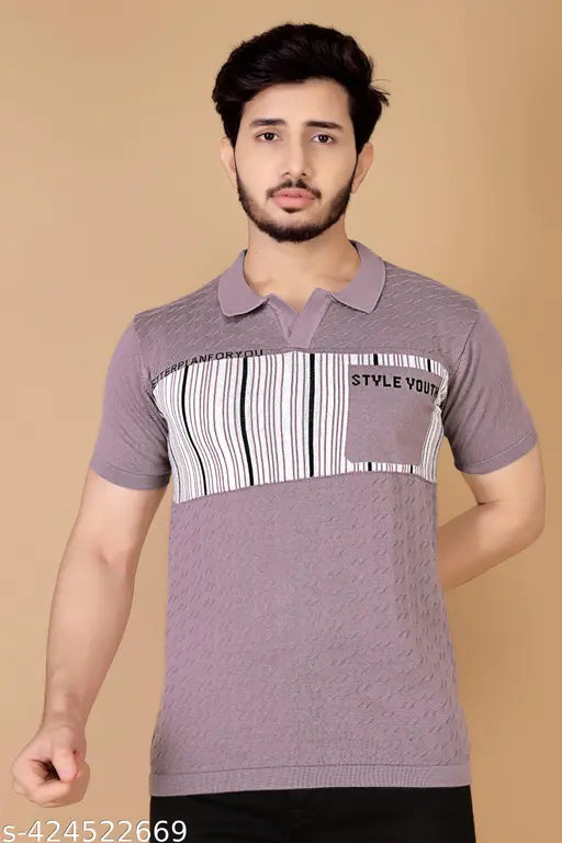 Men's striped cotton half-sleeve T-shirt, short sleeves, M (36in x 27.5in), L (38in x 28.5in), XL (40in x 29.5in) - Indian made