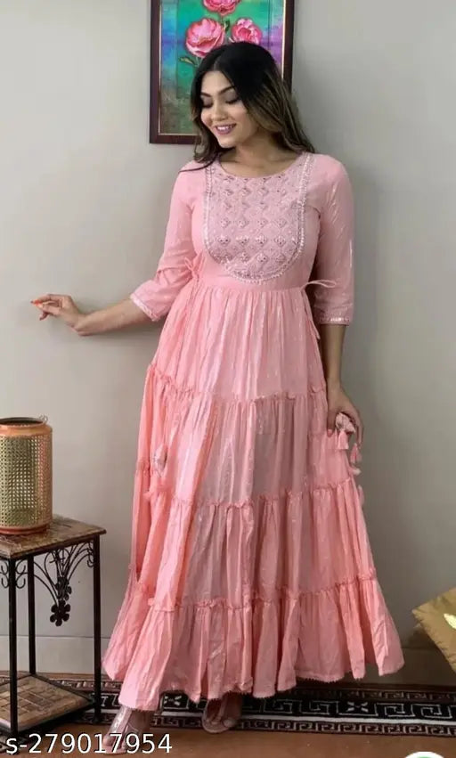 Pink viscose rayon anarkali kurta with embroidery full length dress for women