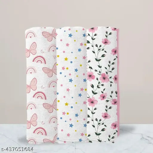 Pink floral print muslin swaddle blankets (3 pack) - soft cotton for newborn baby.