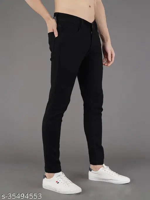 Black denim slim fit jeans for men by PODGE, durable and stretchable with comfortable pockets, size 28/30/34