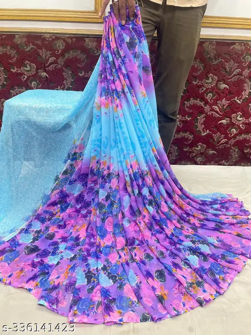 Multicolored georgette printed saree with blouse, long length
