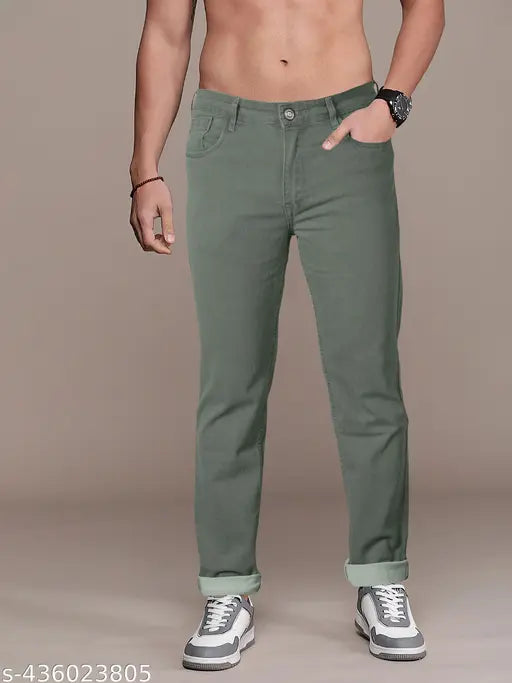 Green denim relaxed fit jeans for men by Rigbone, perfect for everyday wear. Solid design, comfortable and stretchable, size 30 (31 waist, 42 length, 36 hip). Made in India