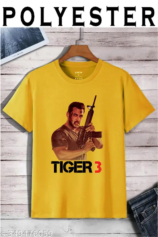 Yellow Salman Khan Tiger 3 printed net short sleeve t-shirt on hanger, Indian movie merchandise
