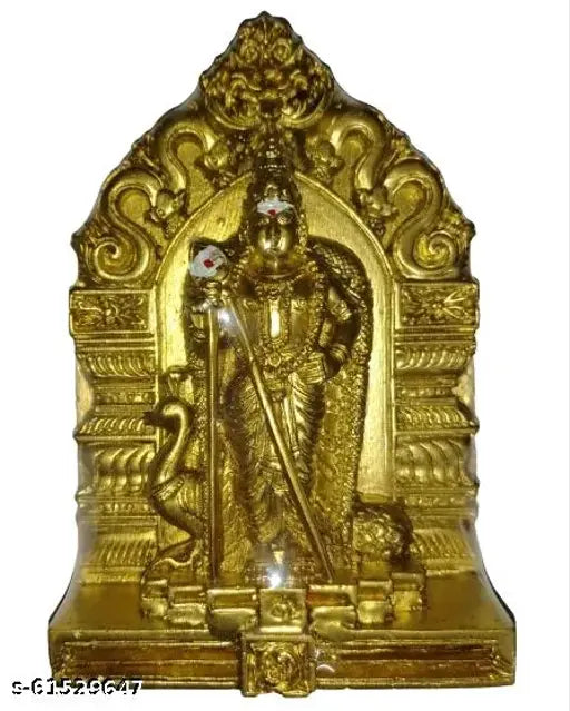 Gold statue of Lord Murugan, Karthikeyan Velan, holding a spear and drum, 12cm high