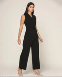 Raven black stretchable jumpsuit, durable with deep Y-shape collar, polyester, full length, comfortable fit, sleeveless, from Zenday Casual, Indian origin