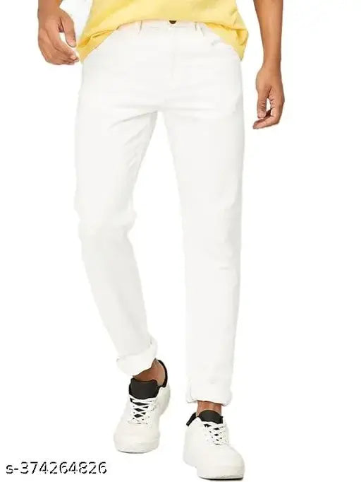 High-quality solid white denim jeans for men, tailored fit, versatile for various occasions, sturdy fabric, size 28 (waist 29in, length 38in), made in India