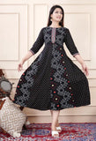 Rayon printed Anarkali Kurta, three-quarter sleeve women's kurti, stylish Indian fashion on mannequin