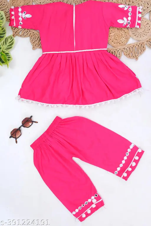Pink rayon 5 Star kids naira set, embellished net ethnic wear for 1-2 year old girls