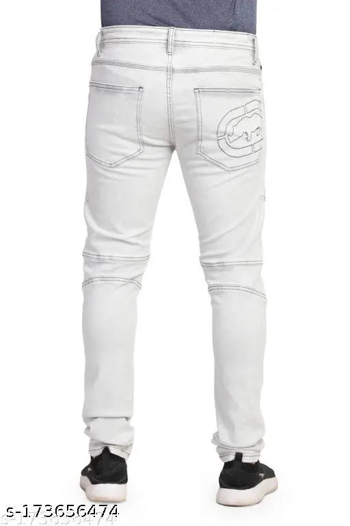 Light grey denim skinny jeans, solid pattern, men's jean wear