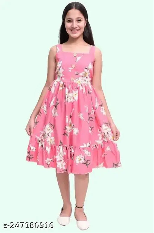 Pink printed floral knee-length girls' party wear frock and dresses combo