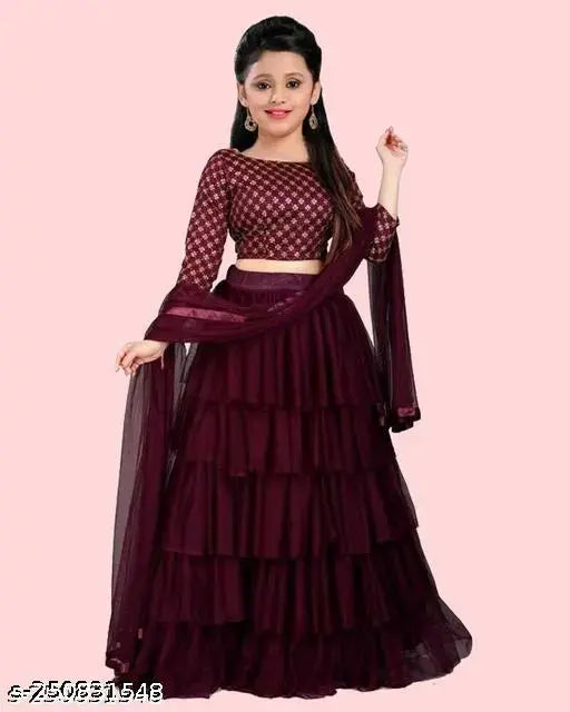 Ruffled satin-net kids lehenga with embroidery, semi-stitched, various sizes from 2-16 years, Indian designer wear