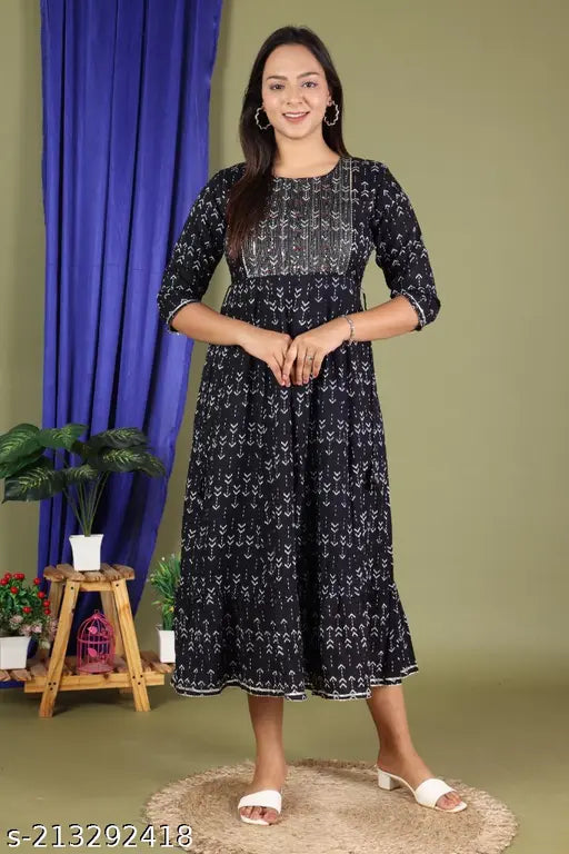 Black umbrella print Rayon kurti with zari embroidery, three-quarter sleeves and samosa lace detail, Iqra Fashion Women's latest design