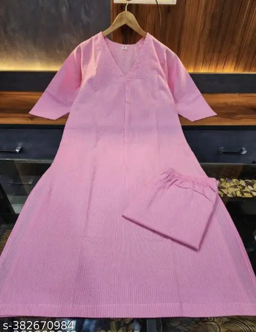 Ayera Women cotton katha kurta set in baby pink, features 3/4 sleeves and A-line silhouette. Uniquely designed Indian fashion for casual, festive, and party occasions