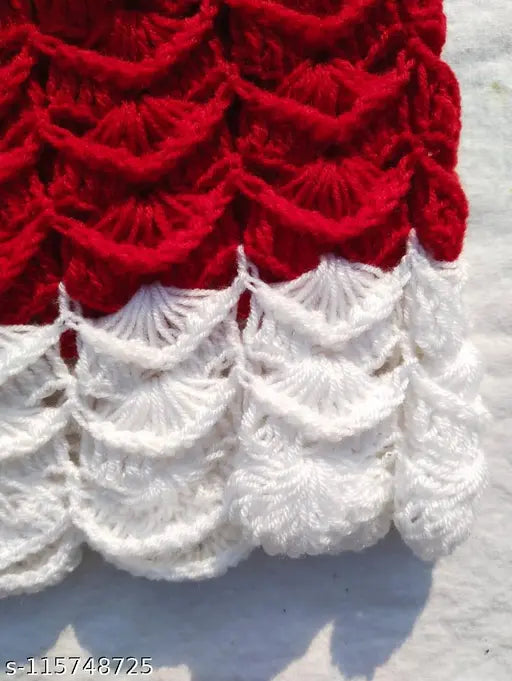 Red handmade woolen frock-cum-sweater for baby girl, solid pattern, warm and cozy winterwear (0-6 Months, 15in x 17in, India origin)