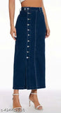 Navy blue denim skirt with side button closure