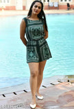 Green rayon printed A-line sleeveless casual mini jumpsuit for girls on model, perfect for any occasion