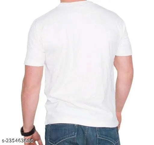White polyester half sleeve printed T-shirt, casual men's fashion on model