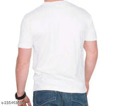 White polyester half sleeve printed T-shirt, casual men's fashion on model
