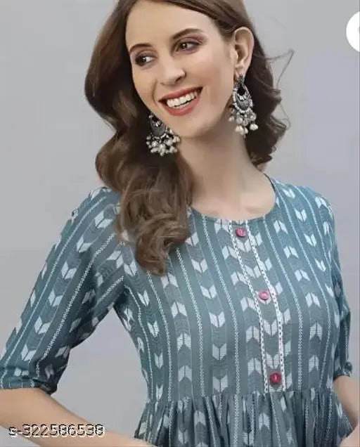 Blue Rayon Three-Quarter Sleeve Printed Net Pocket, Indian Ladies Partywear