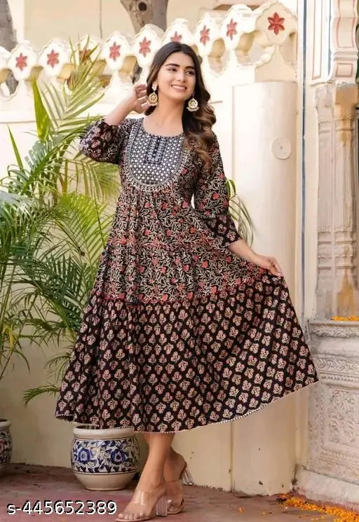 Black rayon embroidered flared anarkali gown kurta with three-quarter sleeves and printed patterns for women's fashion, India origin