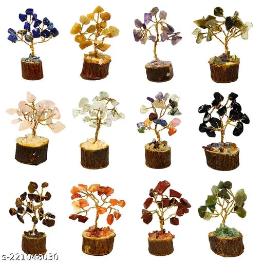 12 Mini Crystal Trees Set, Multi-colored stone, natural crystal tree with wooden base.